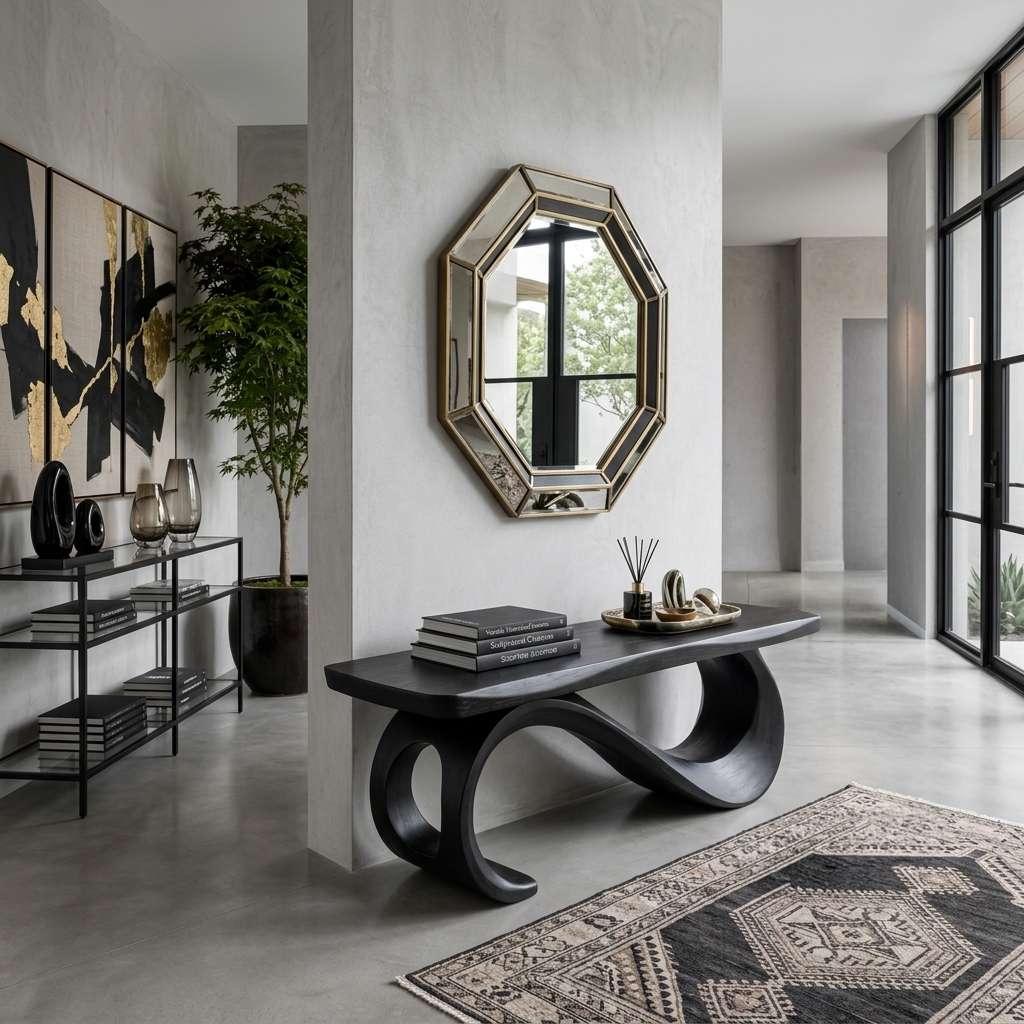 Rustic Wooden Bench With Sculptural Base For Entryway