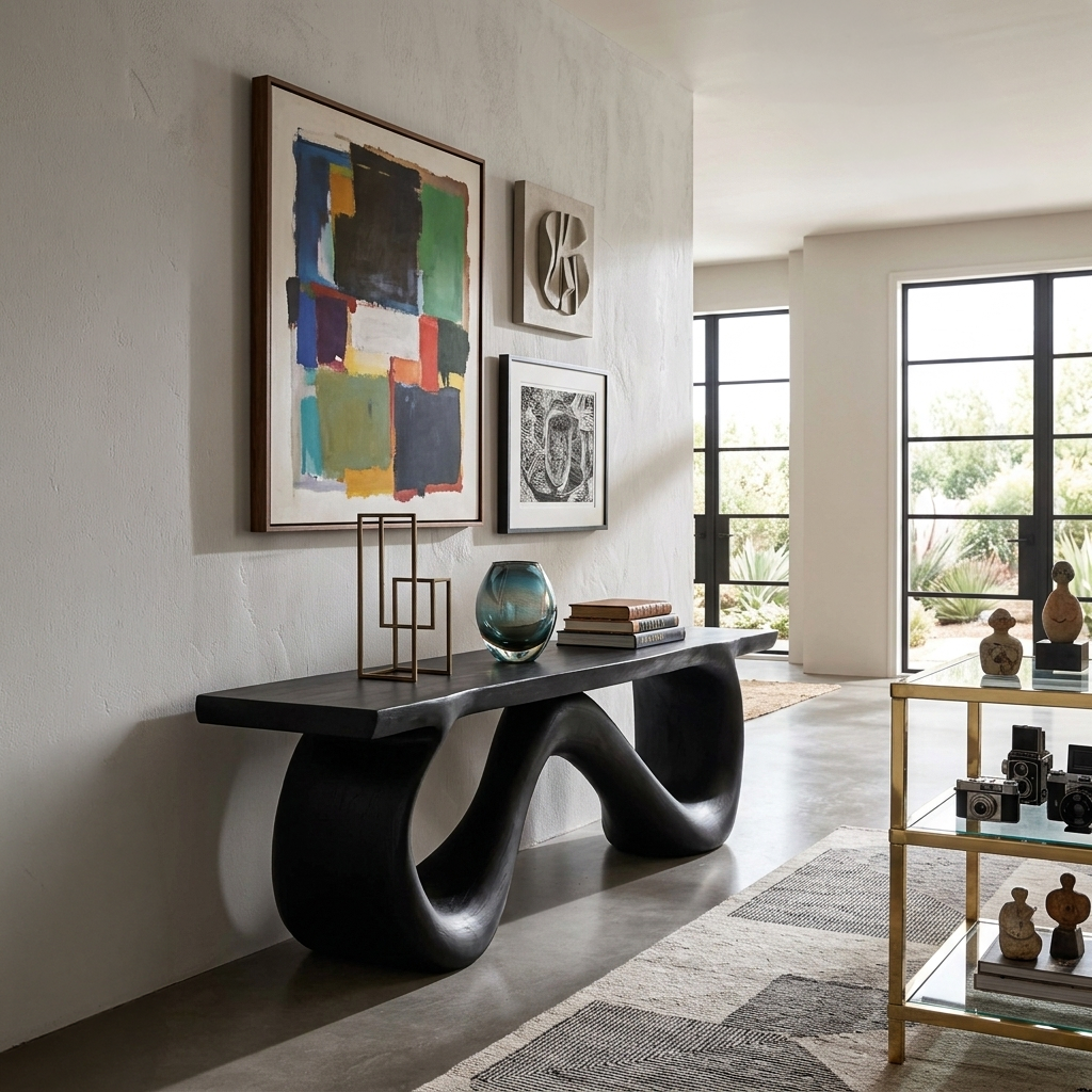 Organic Wooden Bench With Flowing Ribbon Base For Entryway