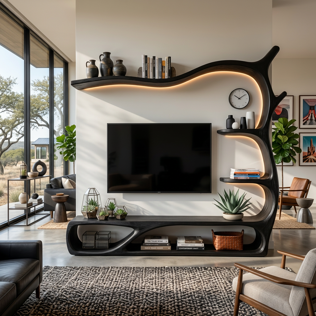Rustic Wooden TV Stand Sculptural Flow Form For Living Furniture