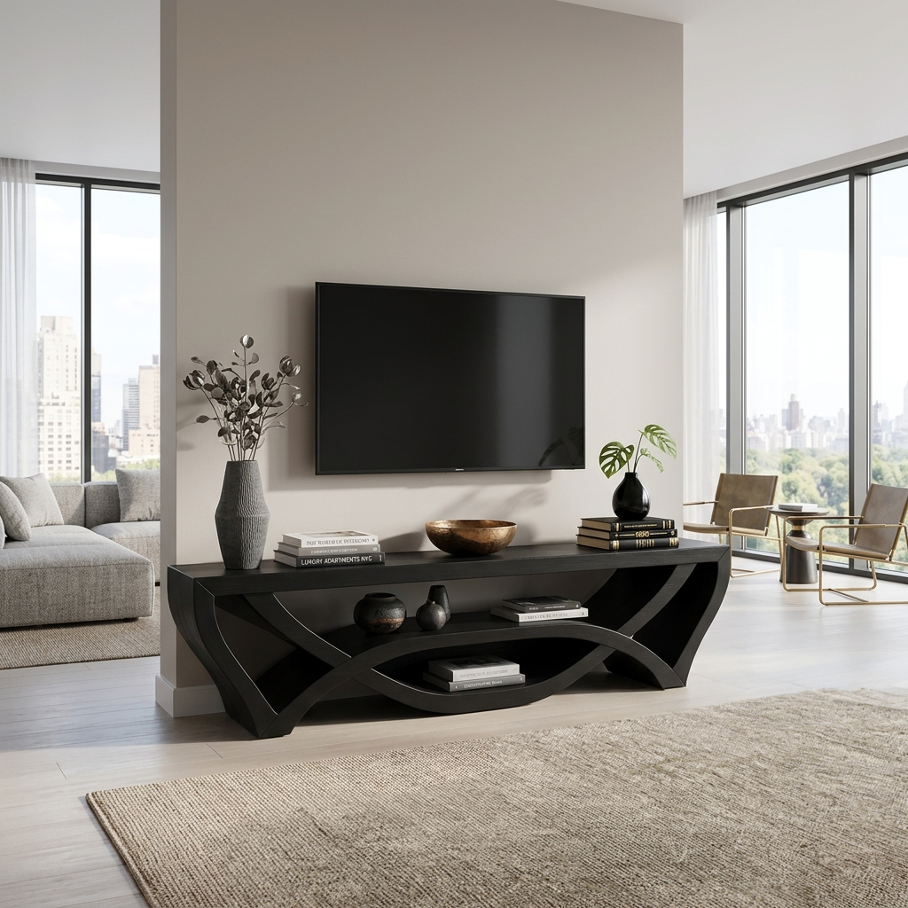 Wooden TV Stand With Carved Open Structure For Living Storage