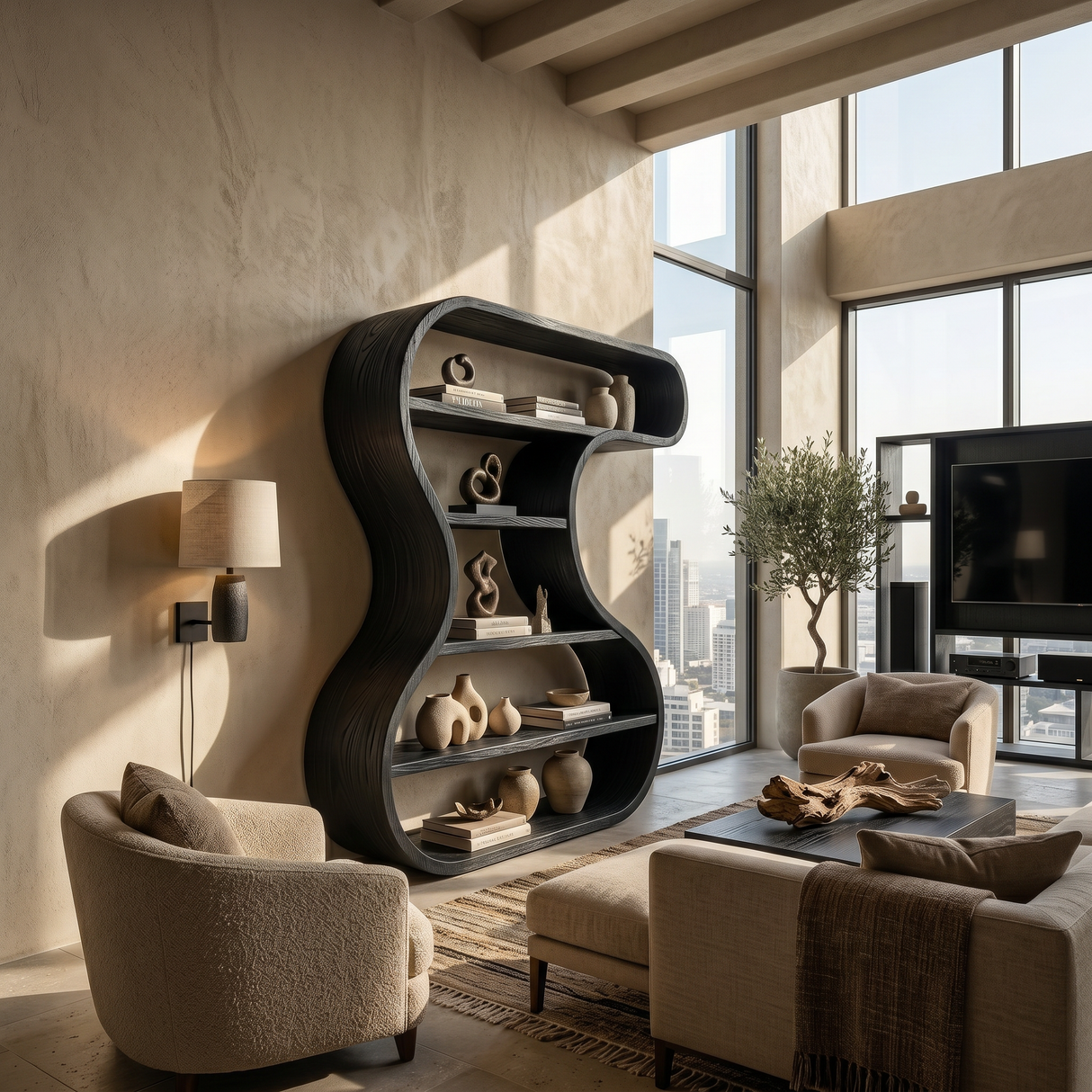 Sculptural Wooden Display Shelf For Modern Interiors
