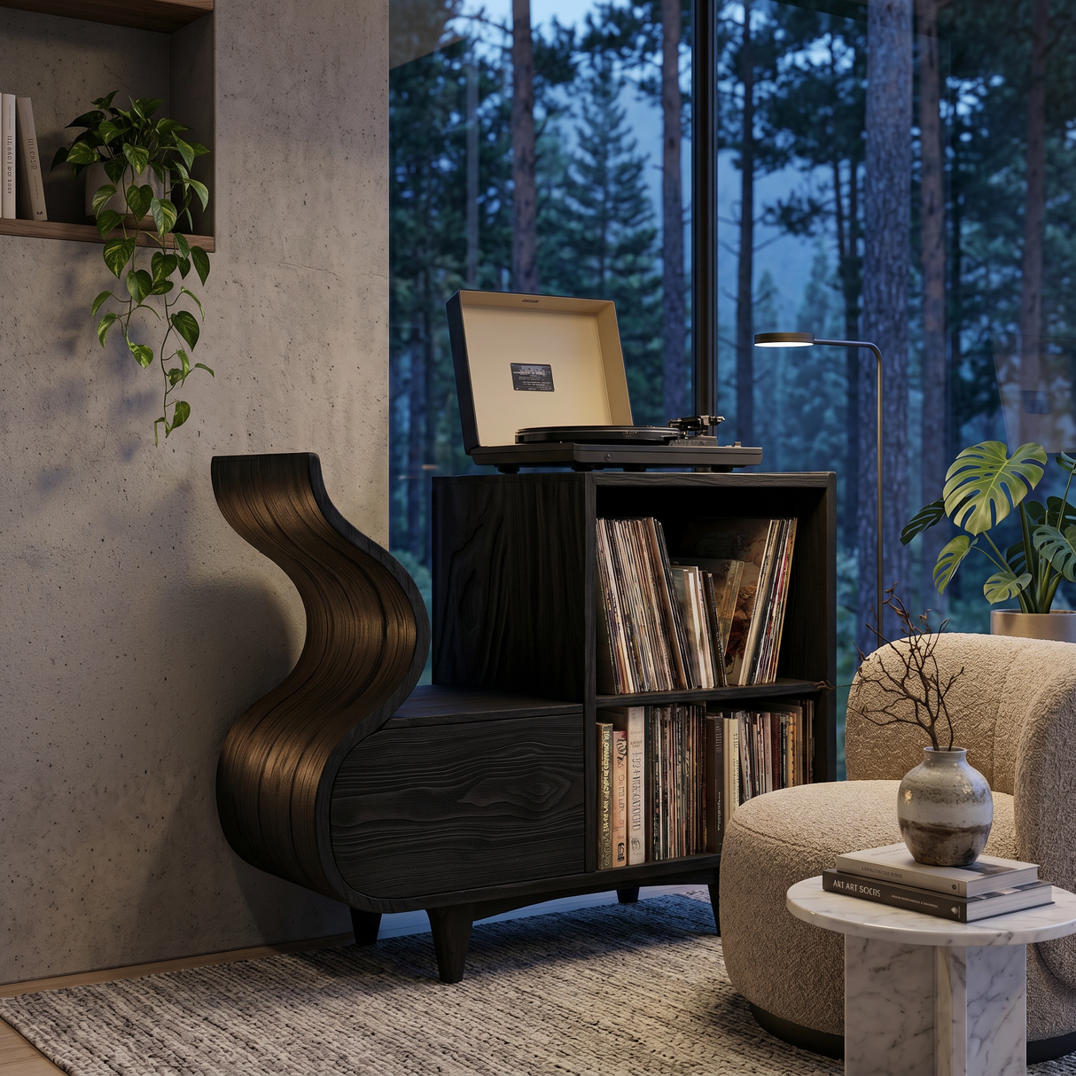 Rustic Wooden Vinyl Record Cabinet Carved Flowing Design For Living