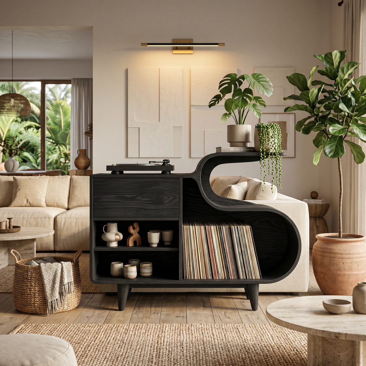 Wooden Vinyl Record Cabinet With Integrated S-Shaped Shelf For Living
