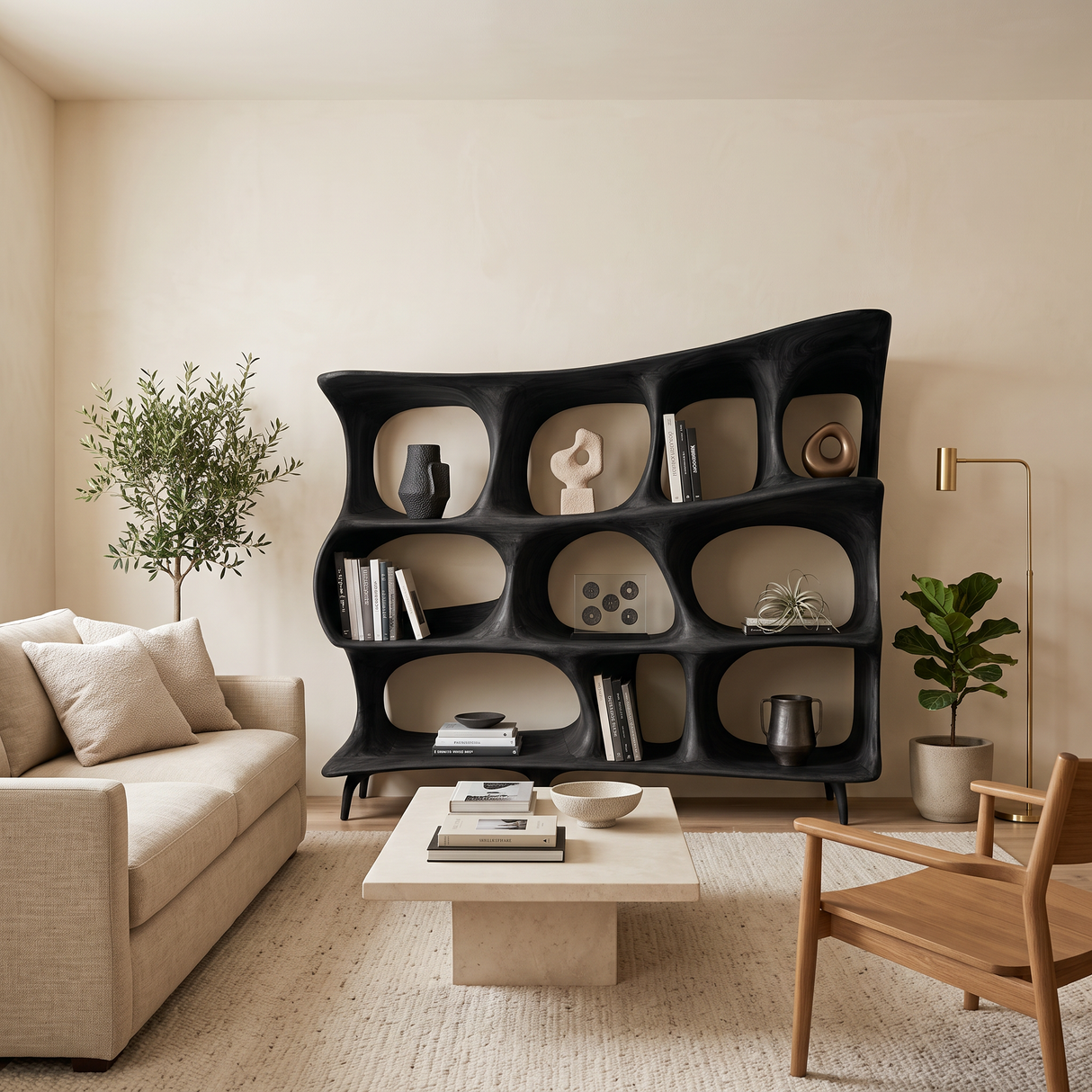 Organic Carved Bookshelf For Living Room Or Office Storage