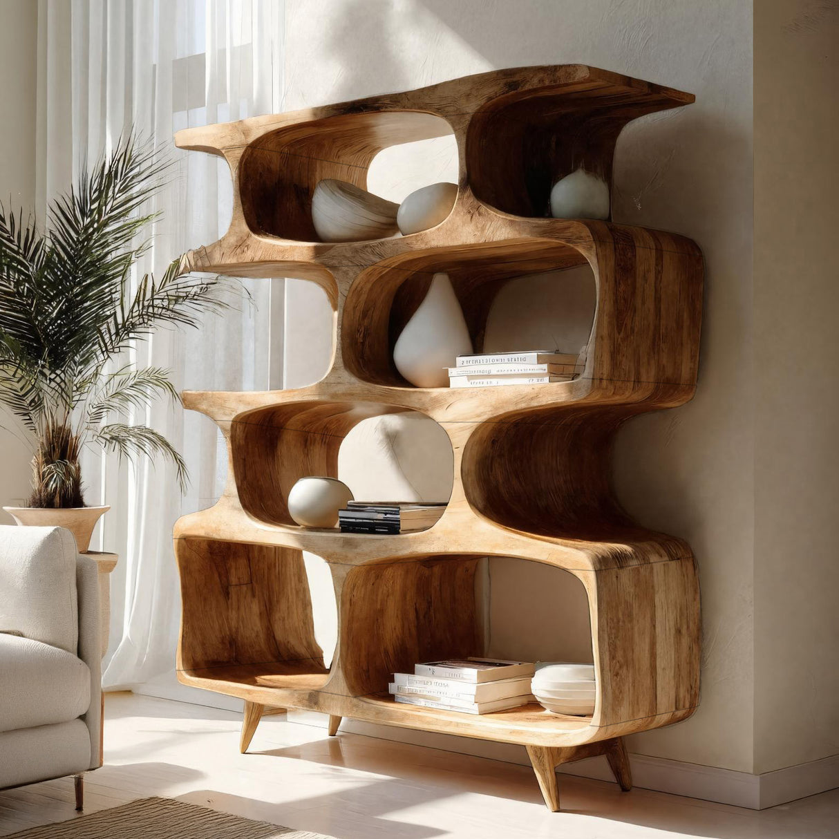 Modern Open Wooden Bookshelf For Beach House