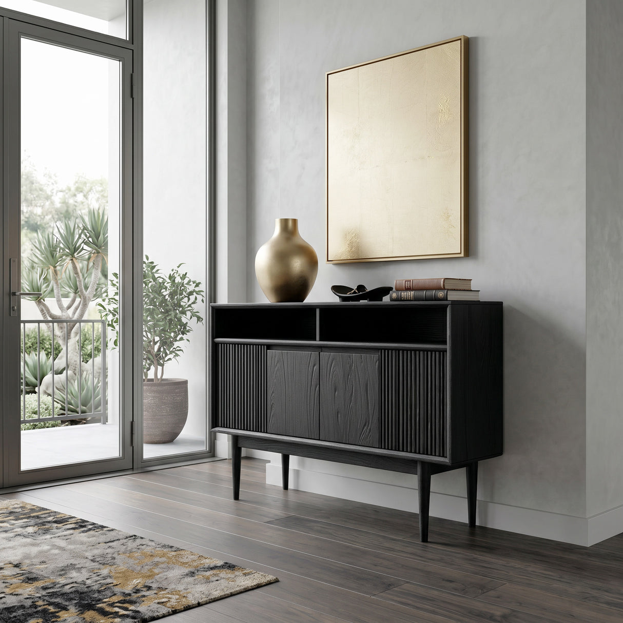 Scandinavian Wooden Console Table With Carved Fluted For Entryway
