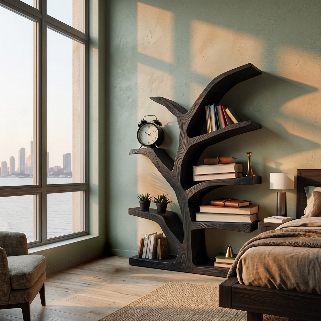 Wooden Bookshelf With Organic Form For Living Area