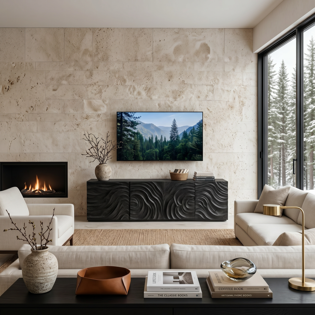 Modern TV Stand With Wave Carved Doors For Living Room