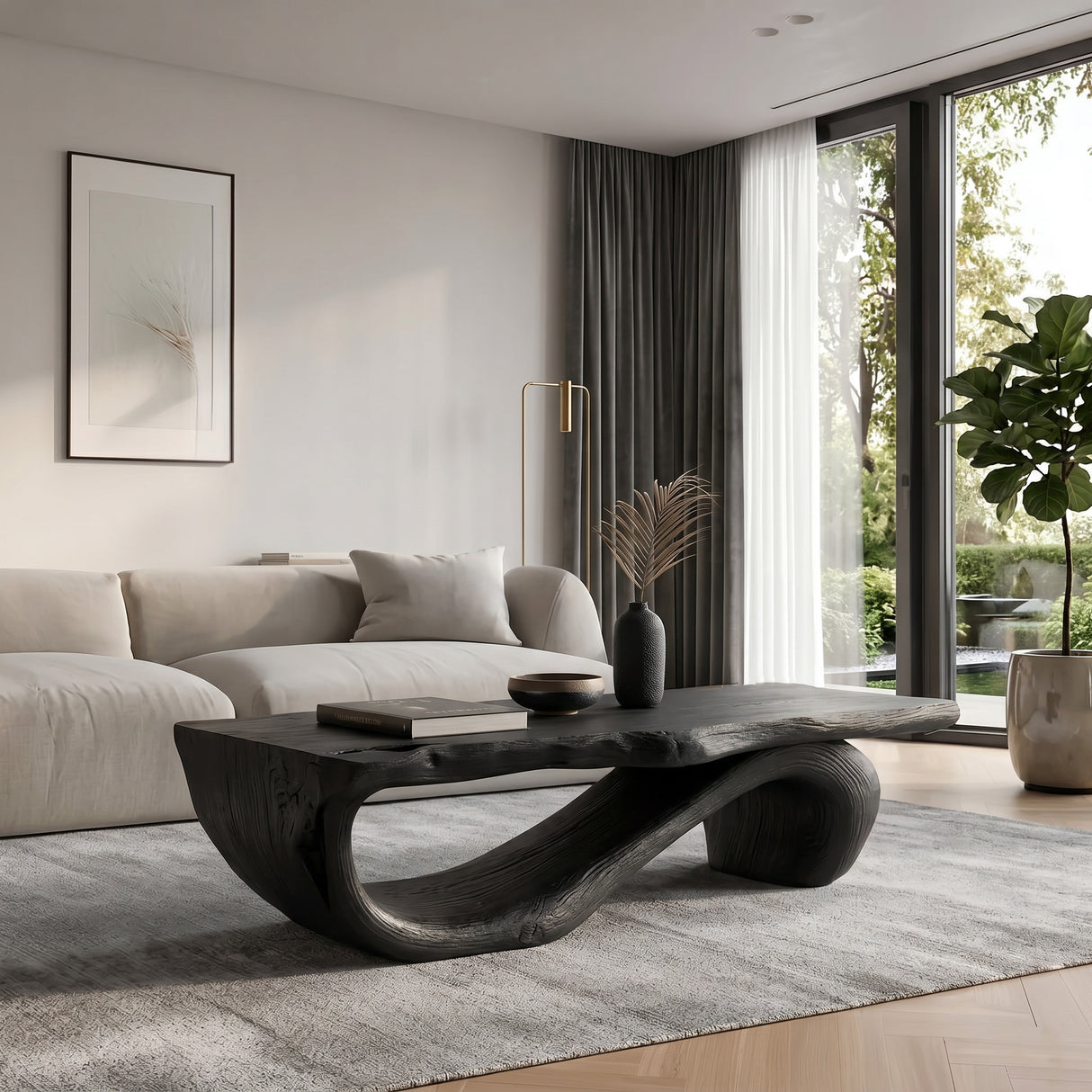 Organic Coffee Table With Carved Wood Base For Living Room