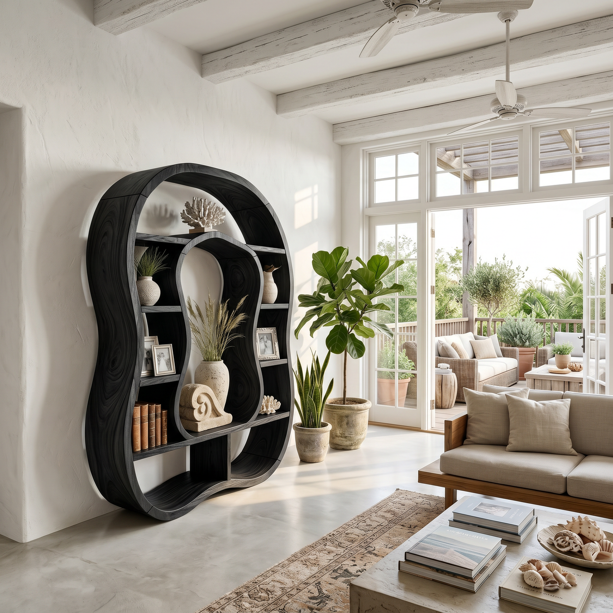 Sculptural Wooden Bookcase With Organic Open Design