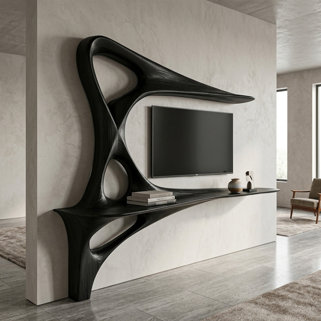 Rustic TV Console With Carved Frame For Living Room