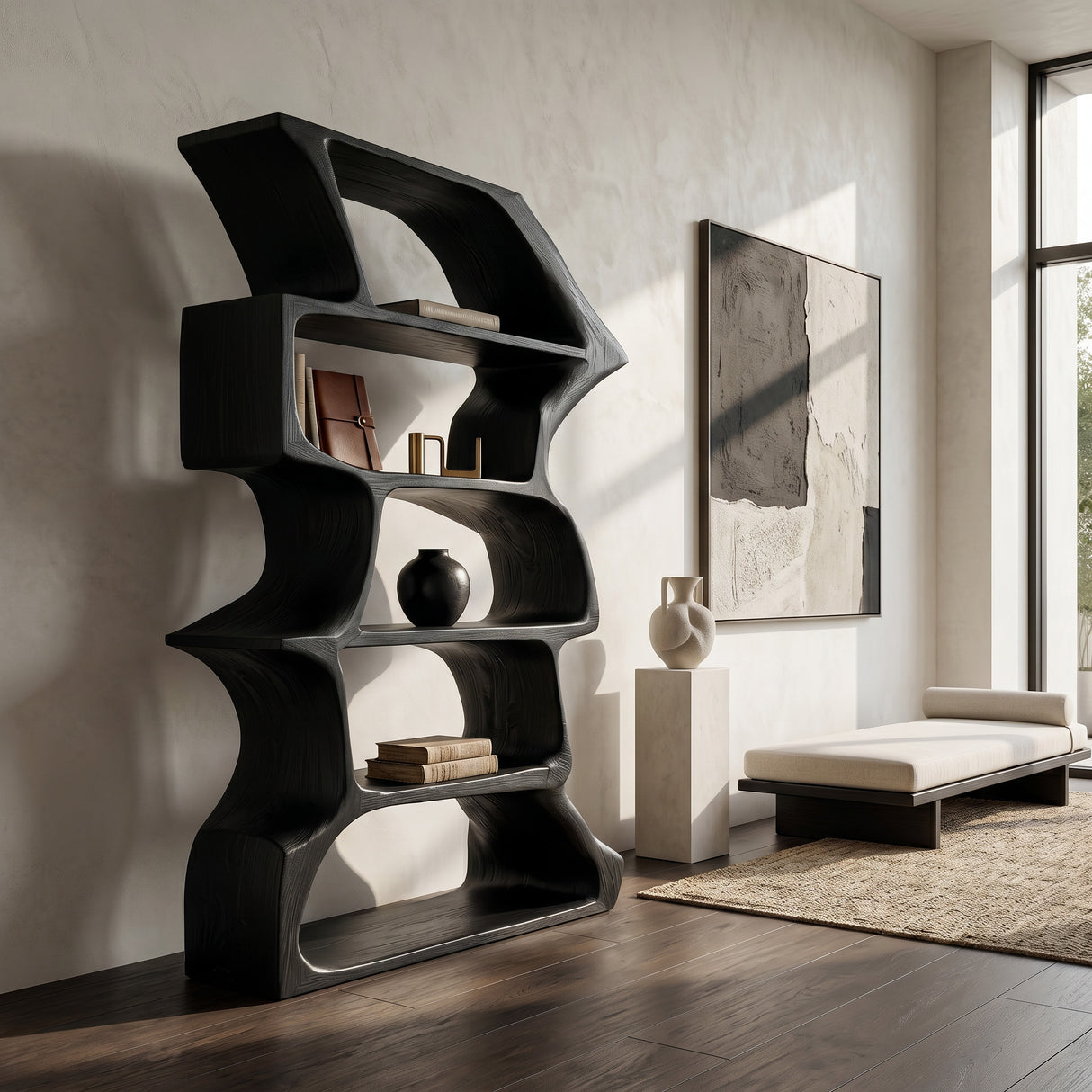 Organic Farmhouse Wooden Curved Bookshelf For Living Room