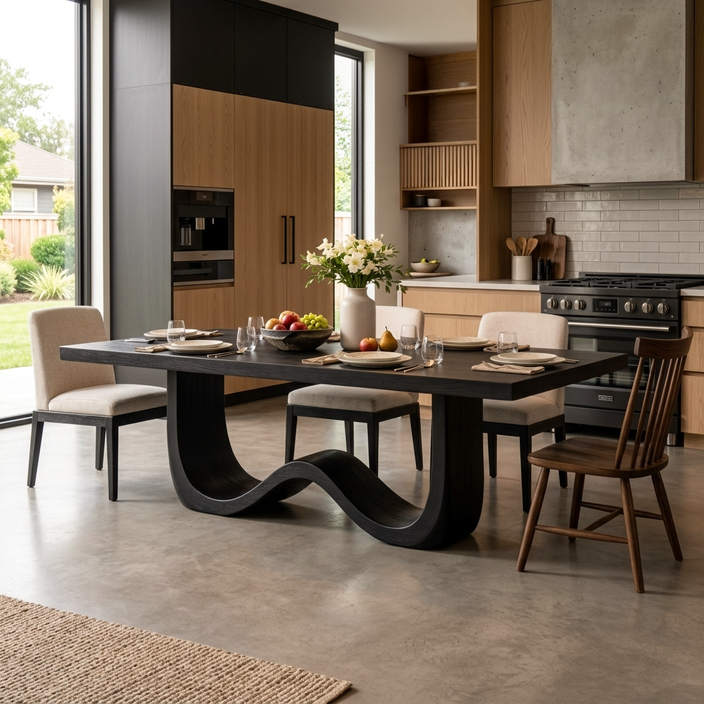 Mid Century Wooden Dining Table With Elegant Base For Kitchen
