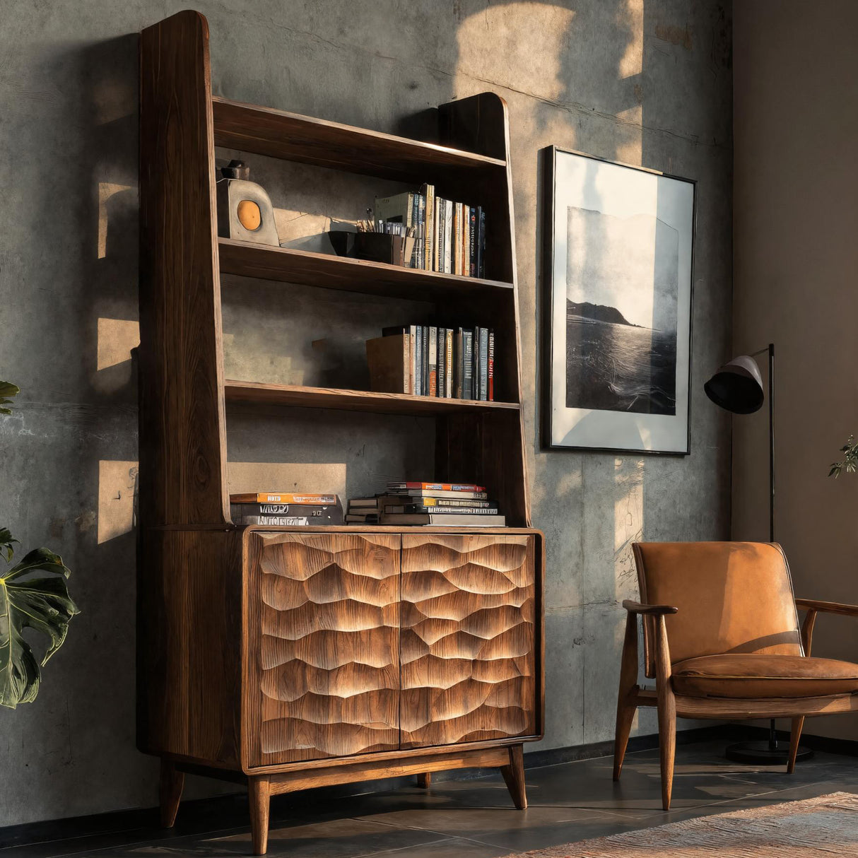 Modern Wooden Bookshelf With Carved Cabinet Doors For Home