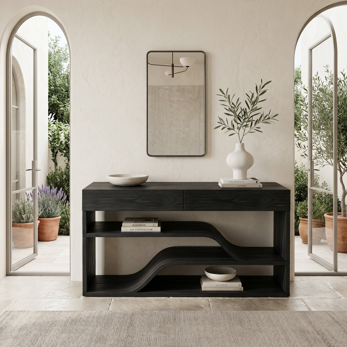 Organic Wooden Console Table With Connecting Shelving Units For Entryway