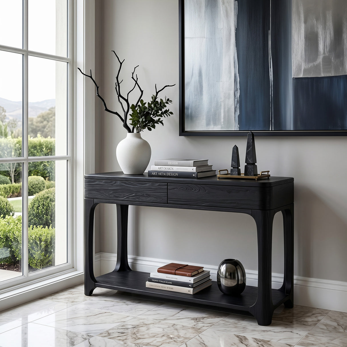 Minimalist Rounded Console Table With Two Compartments For Living Room