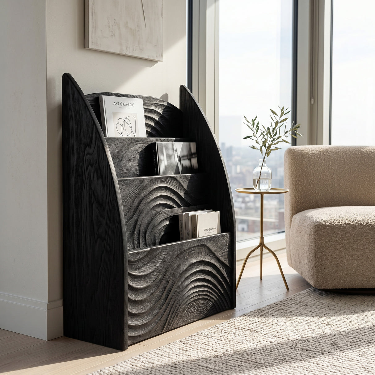 Contemporary Wooden Wave Carved Magazine Rack For Living Room