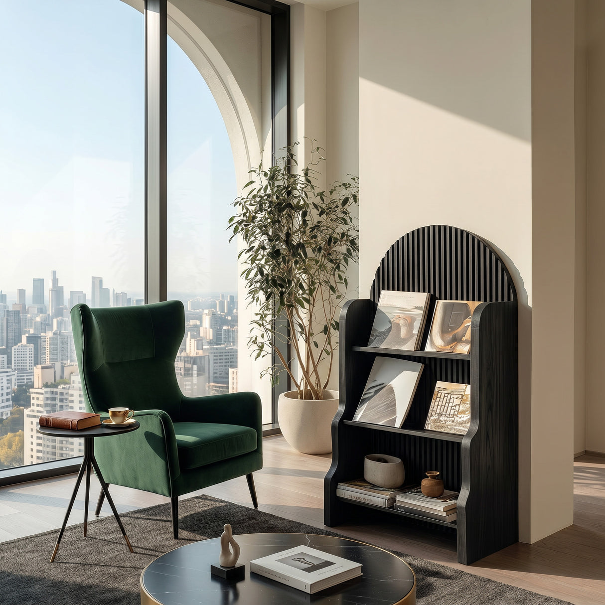 Organic Wooden Slatted Arch Magazine Rack For Living Room