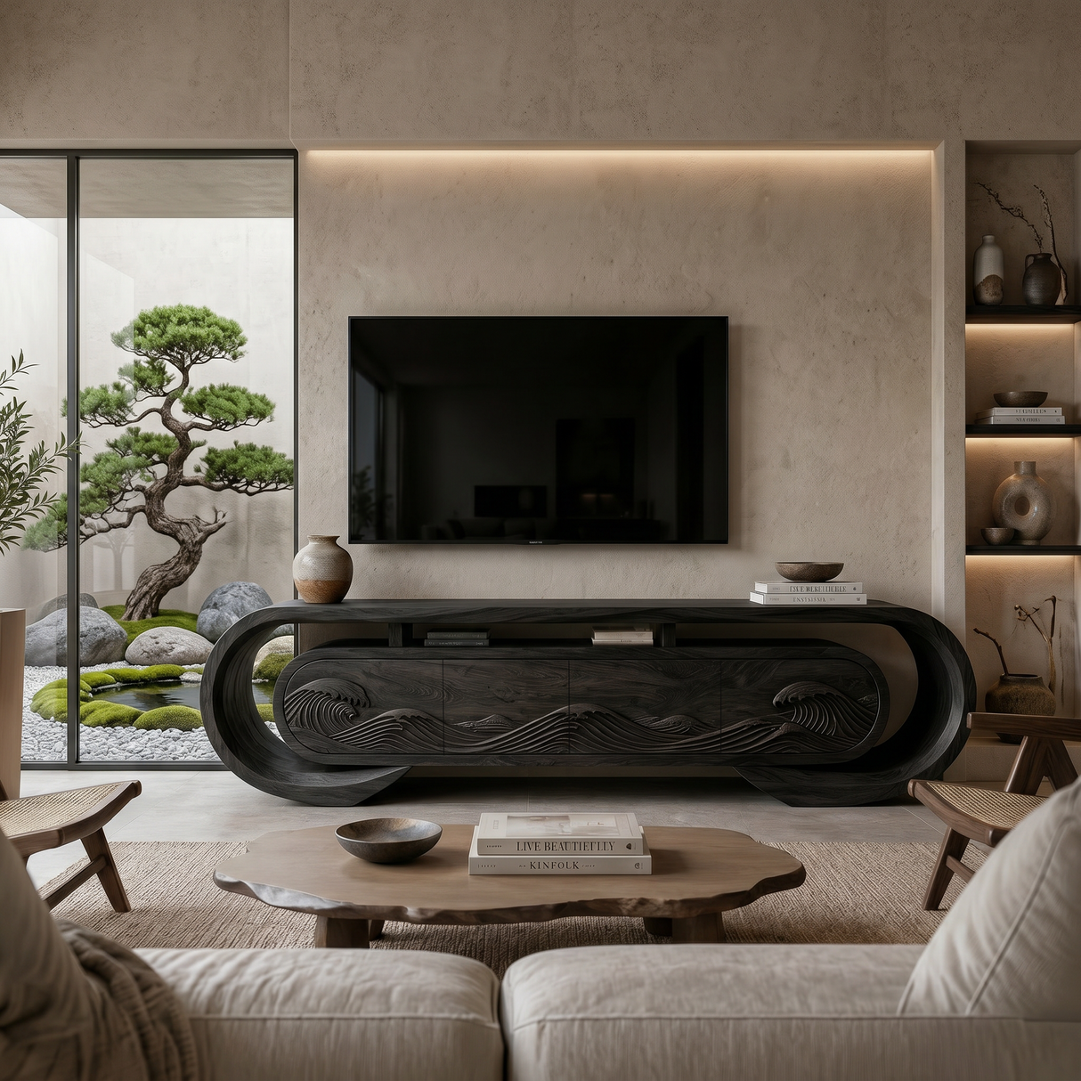 Contemporary TV Console Flowing Wave Carved Doors For Modern Interior
