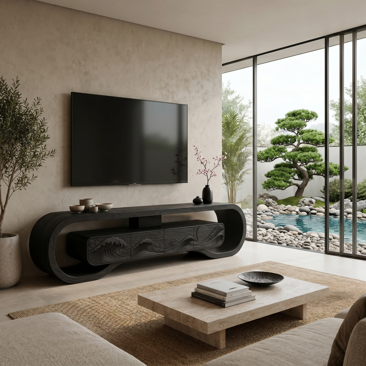 Wooden TV Stand With Carved Ocean Wave For Luxury Home