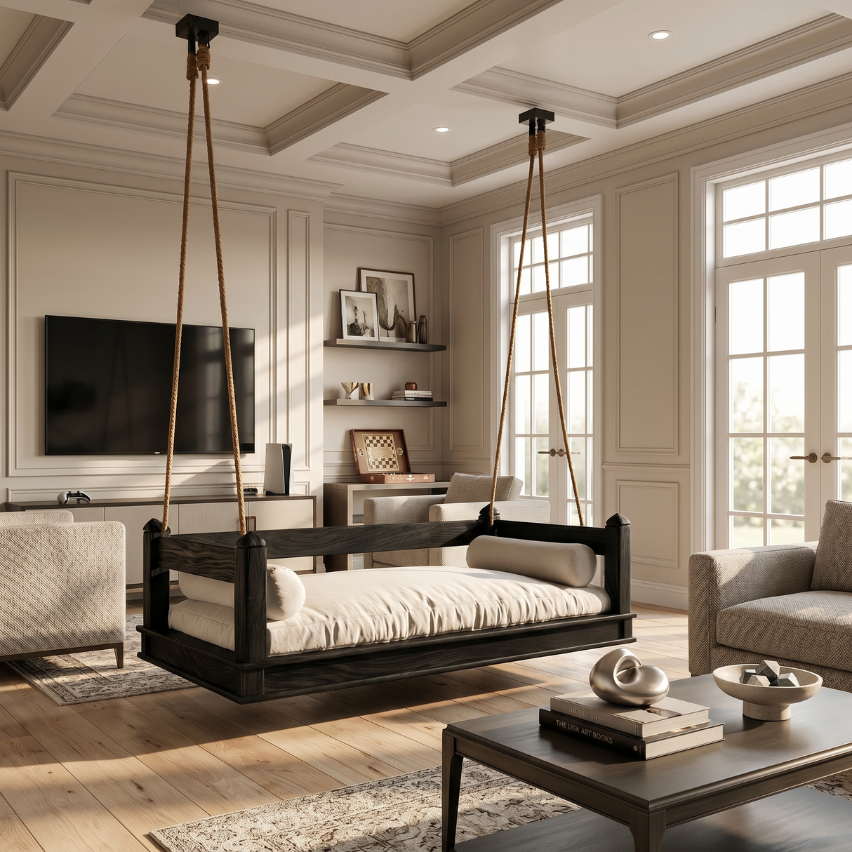 Mediterranean Wooden Hanging Daybed Swing Luxury Villa Patio