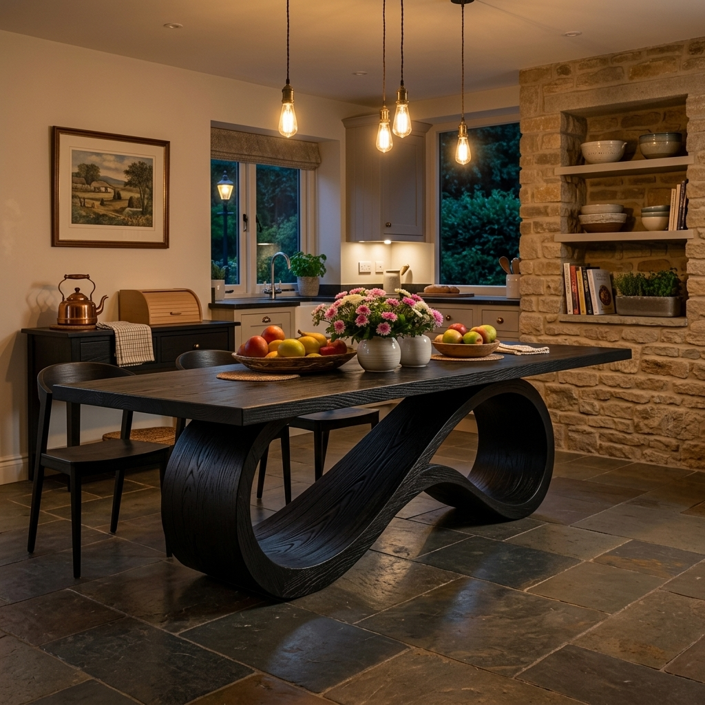 Wooden Dining Table With Flowing Base For Kitchen