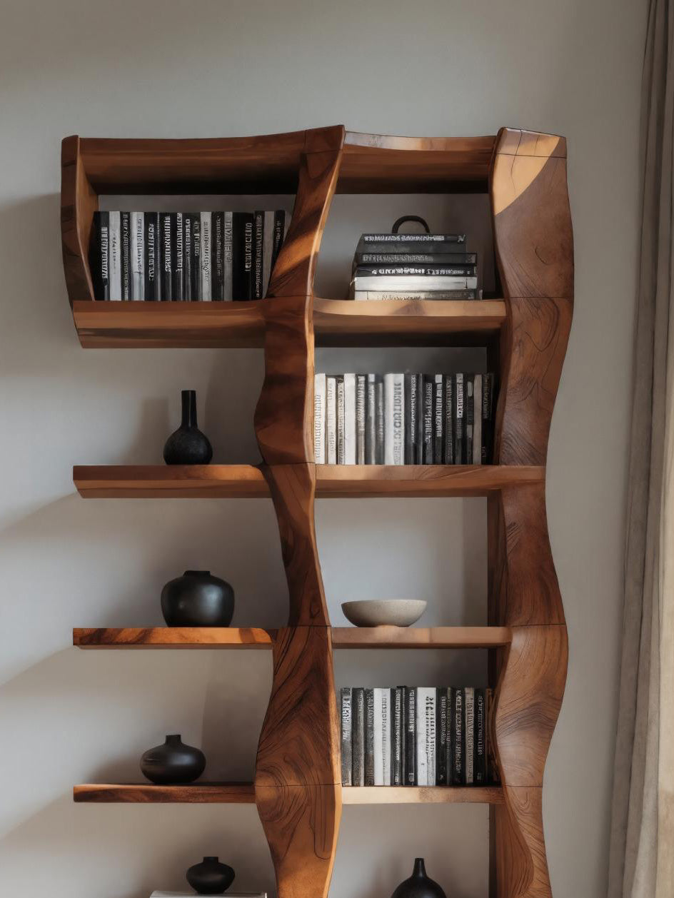 Sculptural Bookshelf With Flowing Wave Design For Living Room