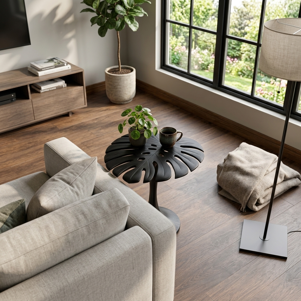 Sculptural Wood Side Table With Leaf Shape Top For Living