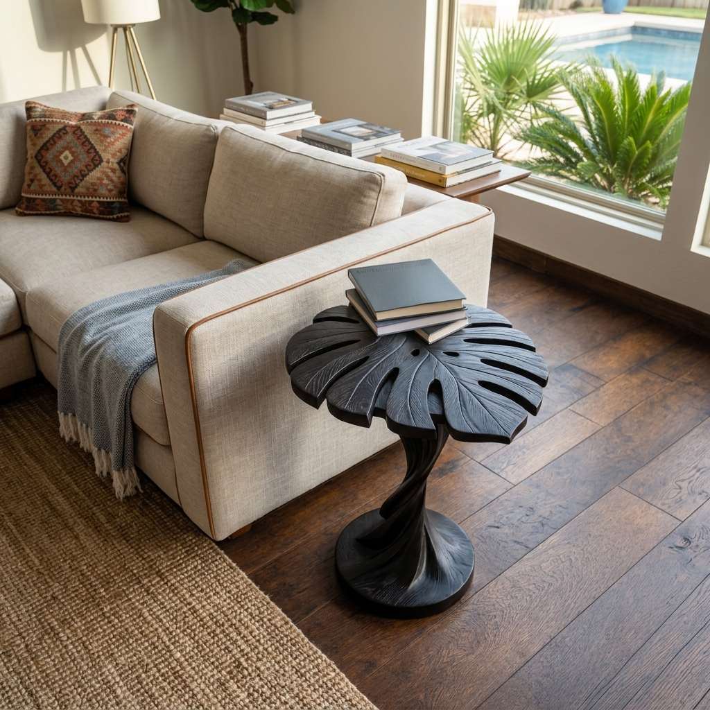Modern Wood Side Table With Artistic Leaf Top For Living