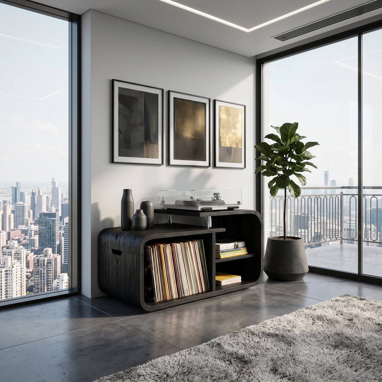 Contemporary Curved Record Player Stand Urban Penthouse