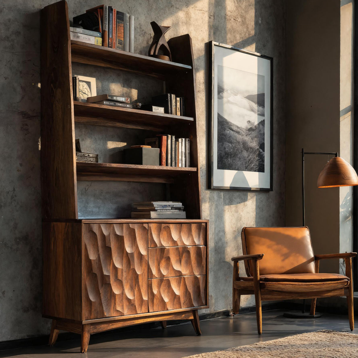 Sculpted Wood Bookcase With Drawers And Open Shelves