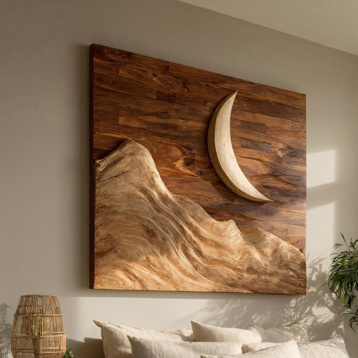 Contemporary Moon Over Mountains Wooden Wall Art For Home