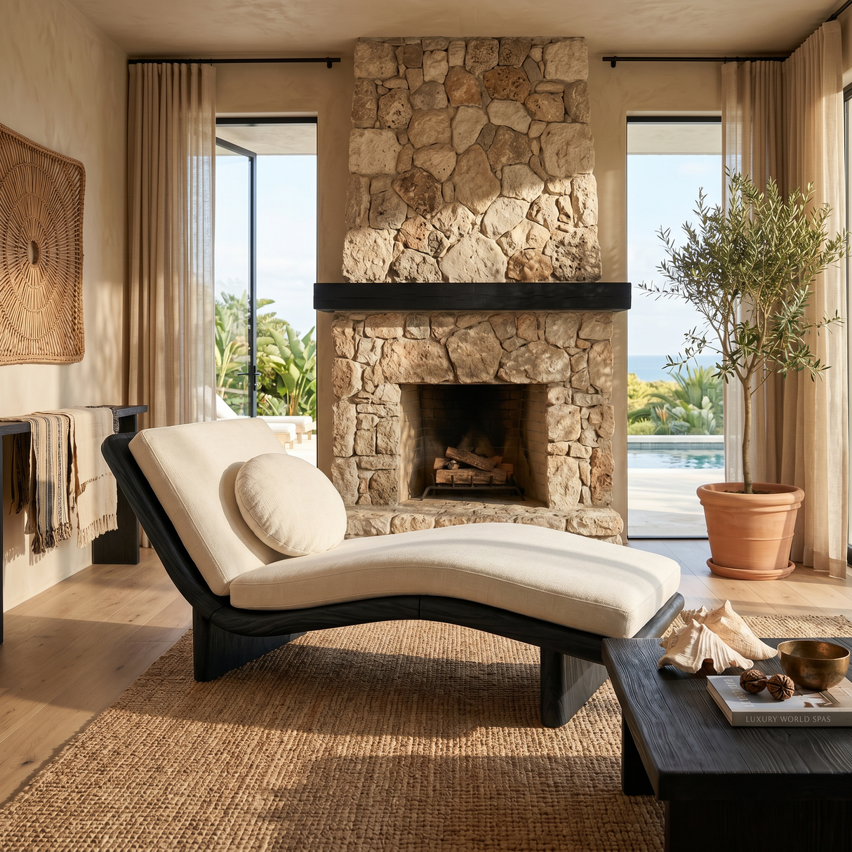 Minimalist Walnut Chaise Lounge Serene Coastal Retreat Living Space