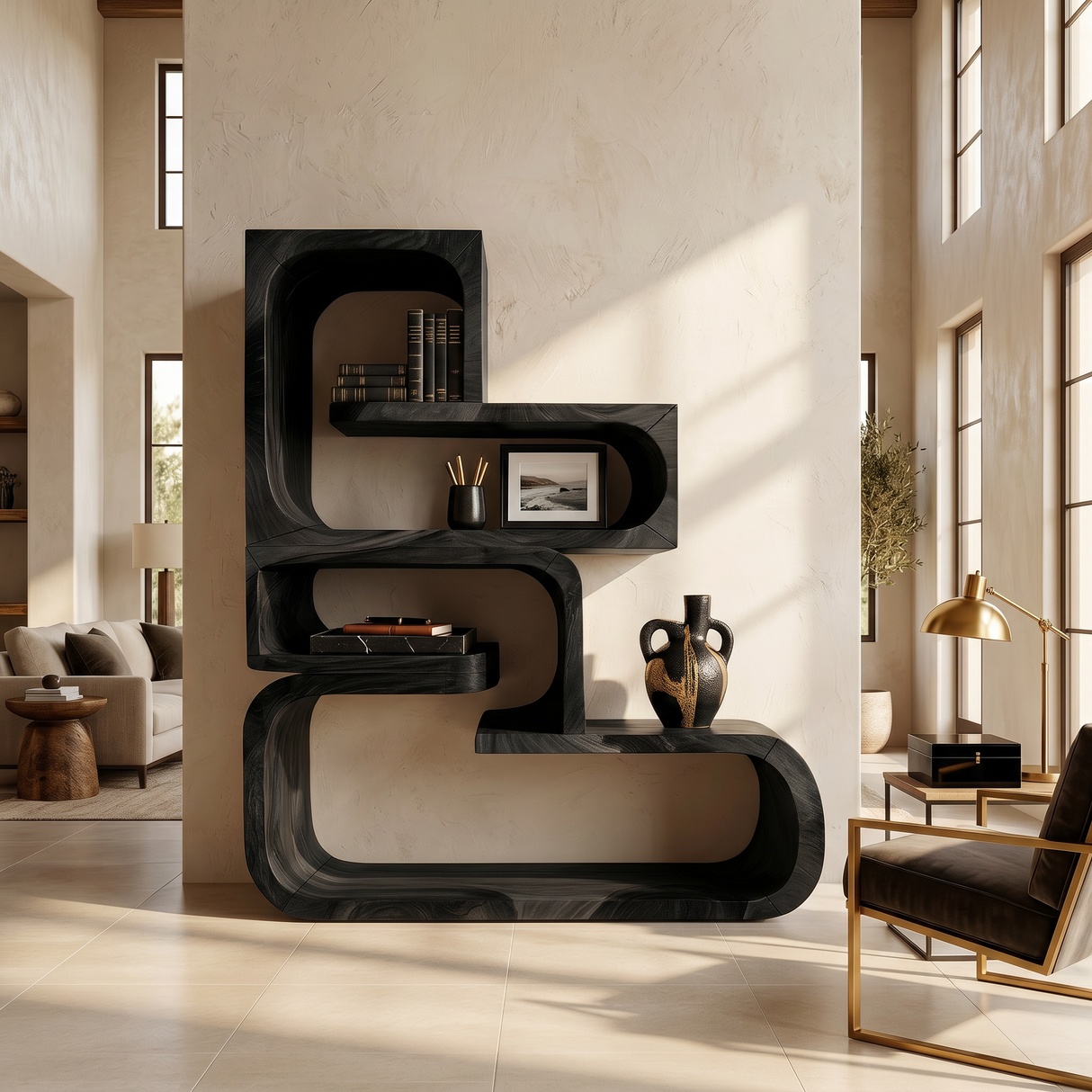 Contemporary Wave Edge Wooden Bookcase In Natural Finish