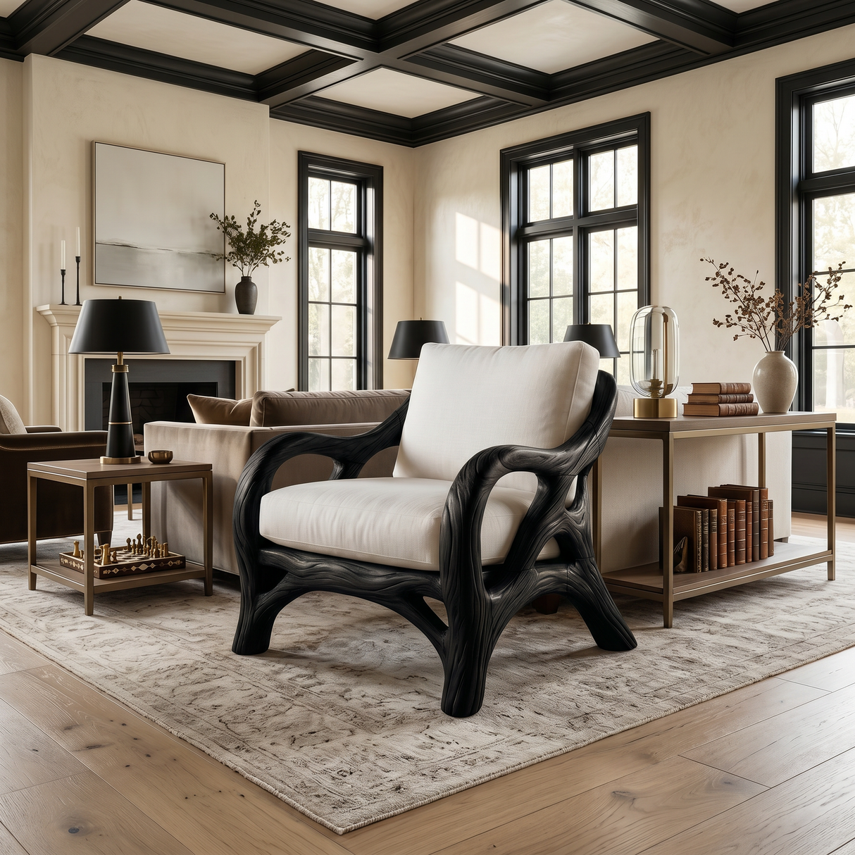 Luxury Organic Wood Lounge Chair with Sculptural Architectural Design