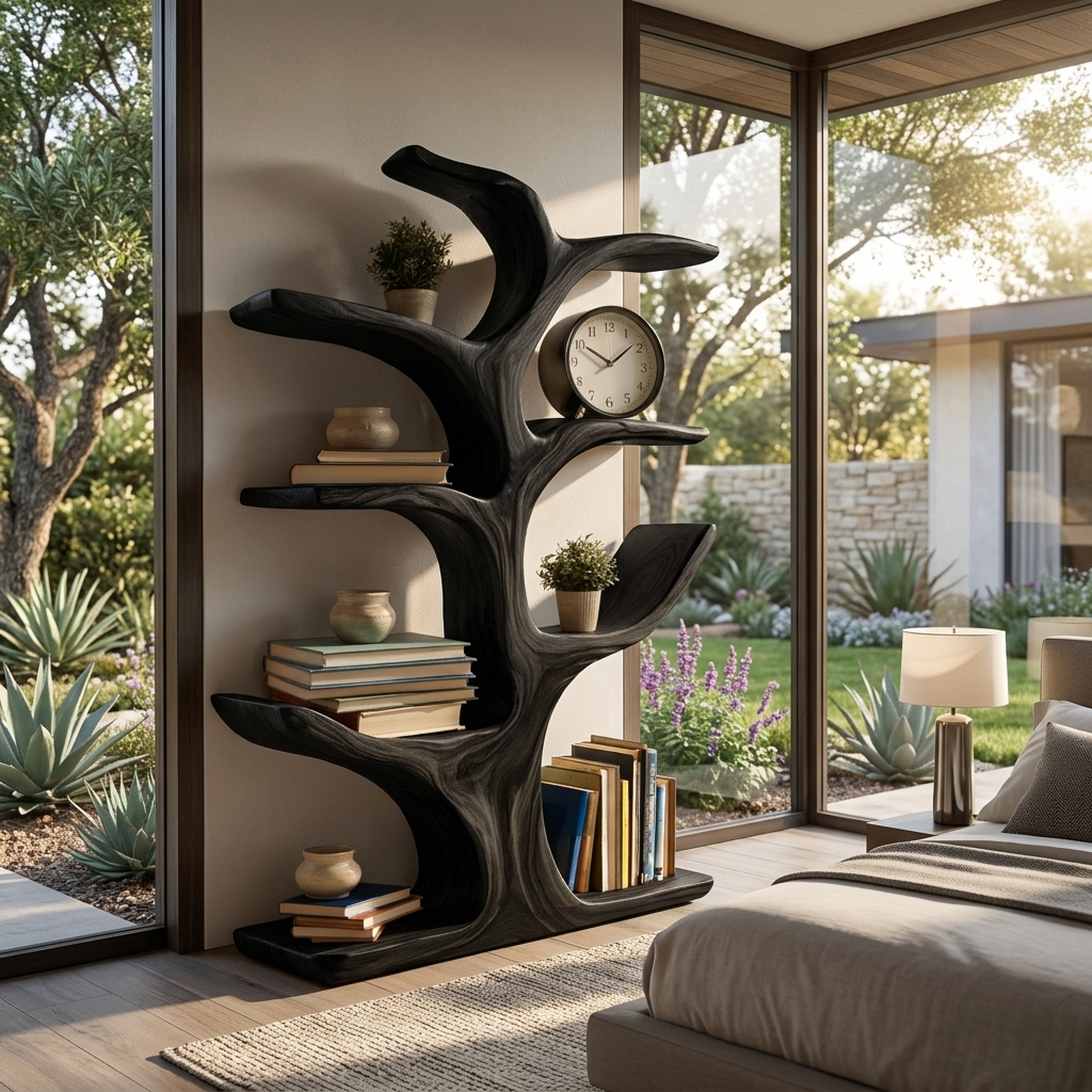 Contemporary Wood Bookshelf Sculptural Curved Design For Living Room