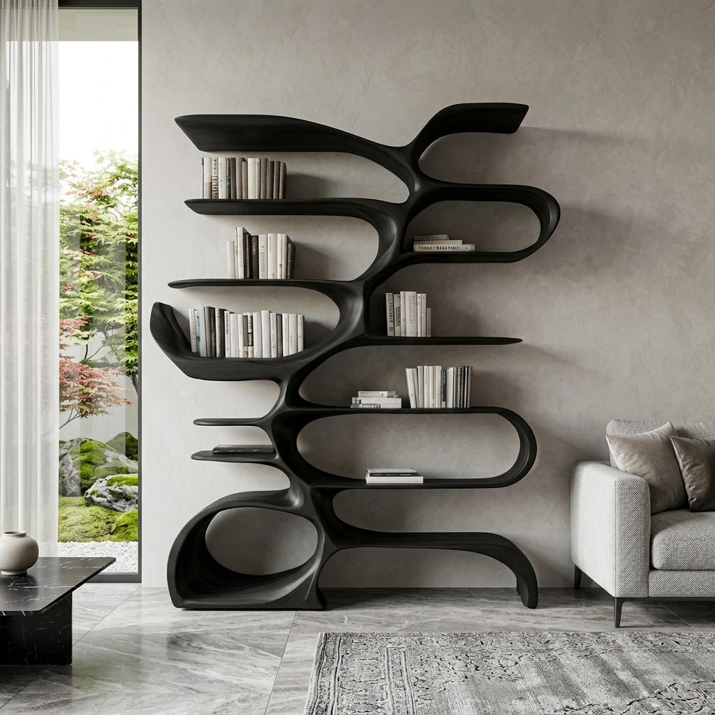 Sculptural Wooden Bookcase For Modern Living Room Storage