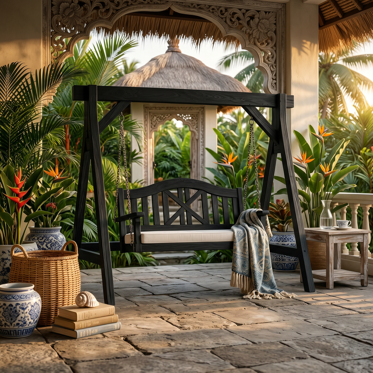 Mediterranean Wooden Swing Bench Villa Patio