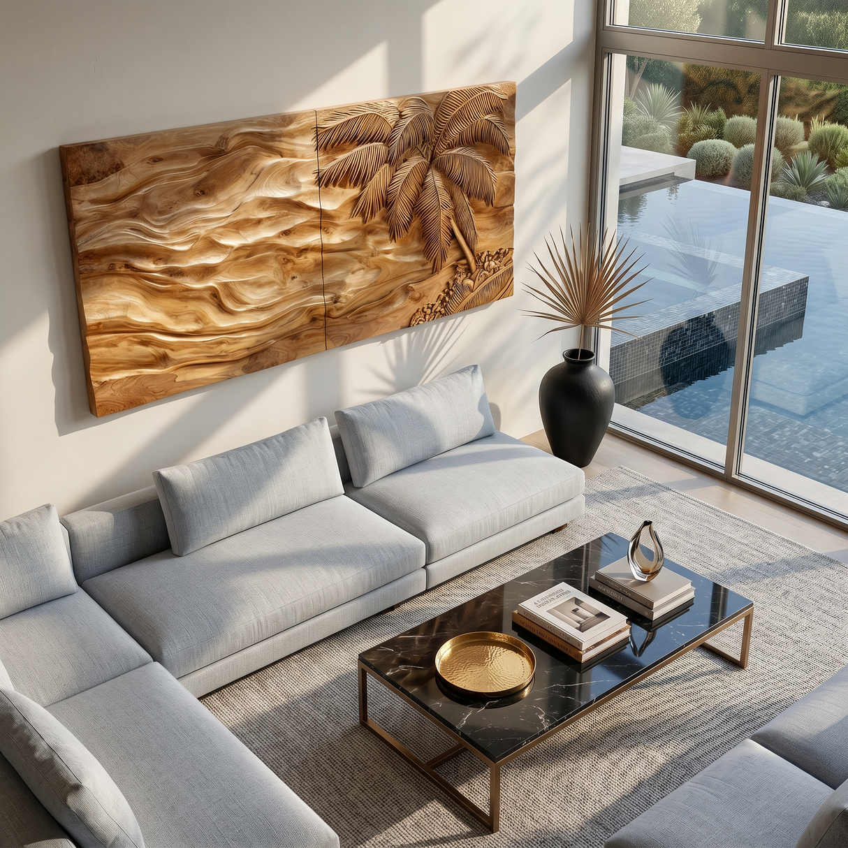 Tropical Modern Palm Wood Wall Art Neutral Living Room Decor
