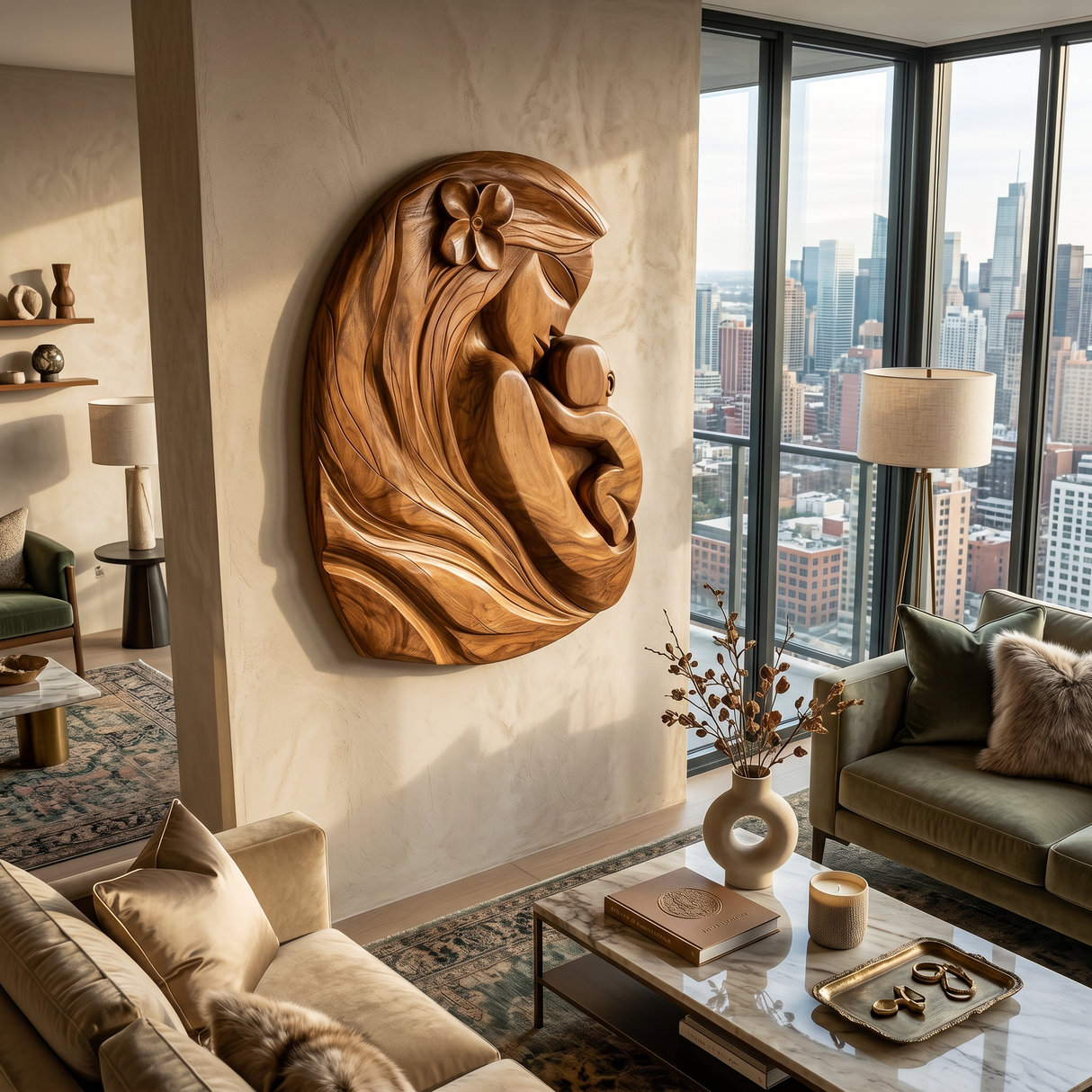 Mother And Child Wall Sculpture With Organic Design For Entryway