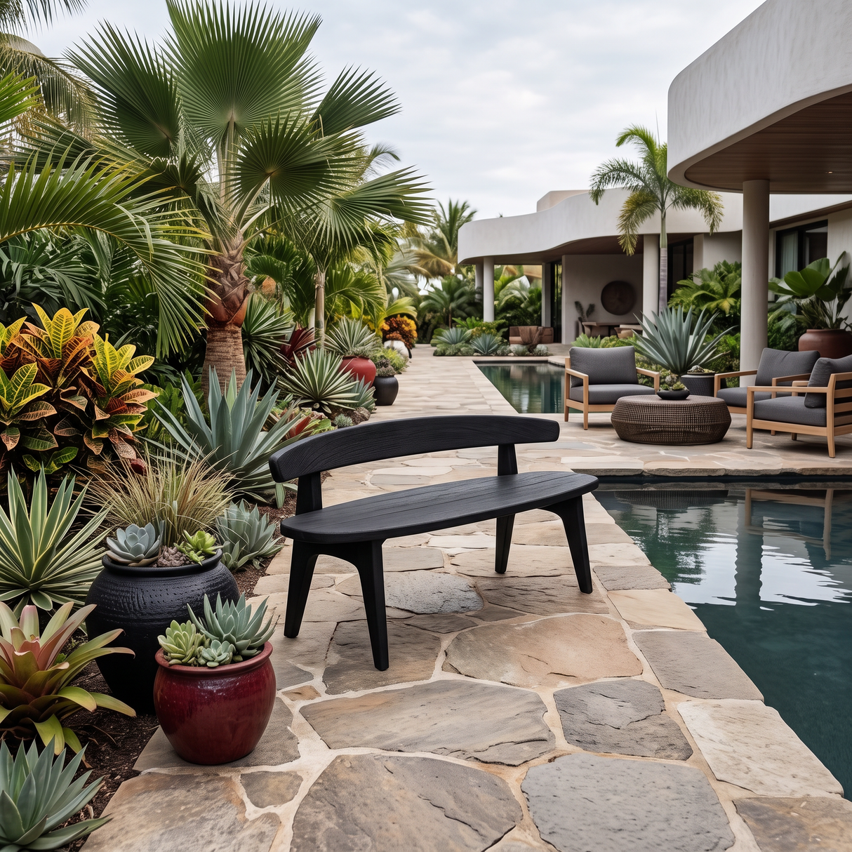 Organic Outdoor Bench With Curved Backrest For Patio