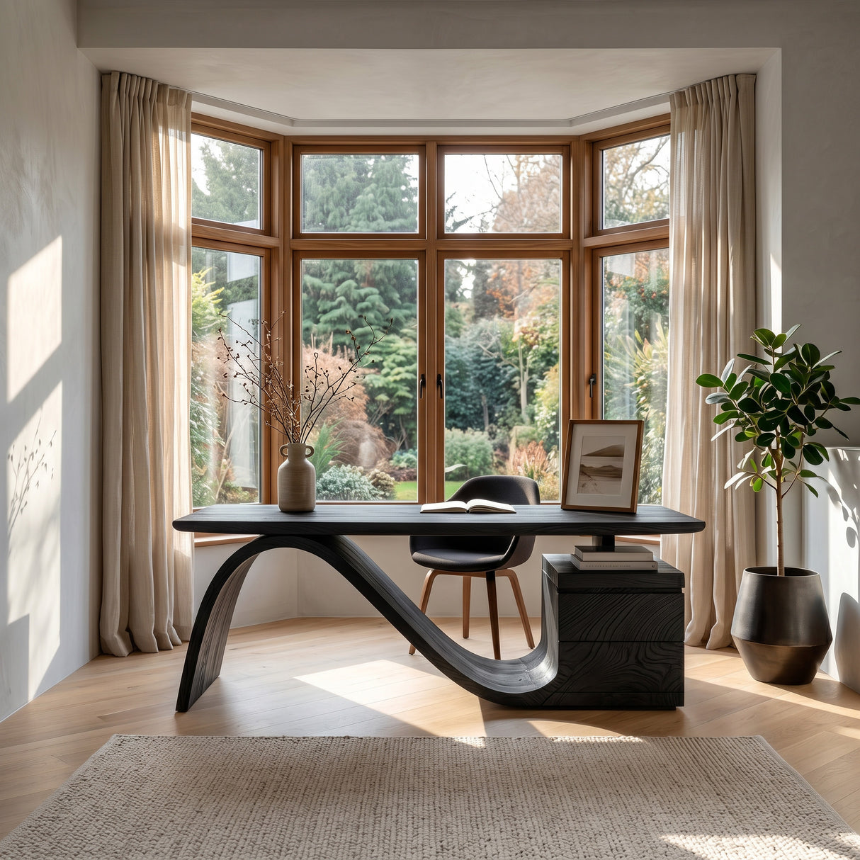 Organic Wooden Desk With Undulating Base For Home Office