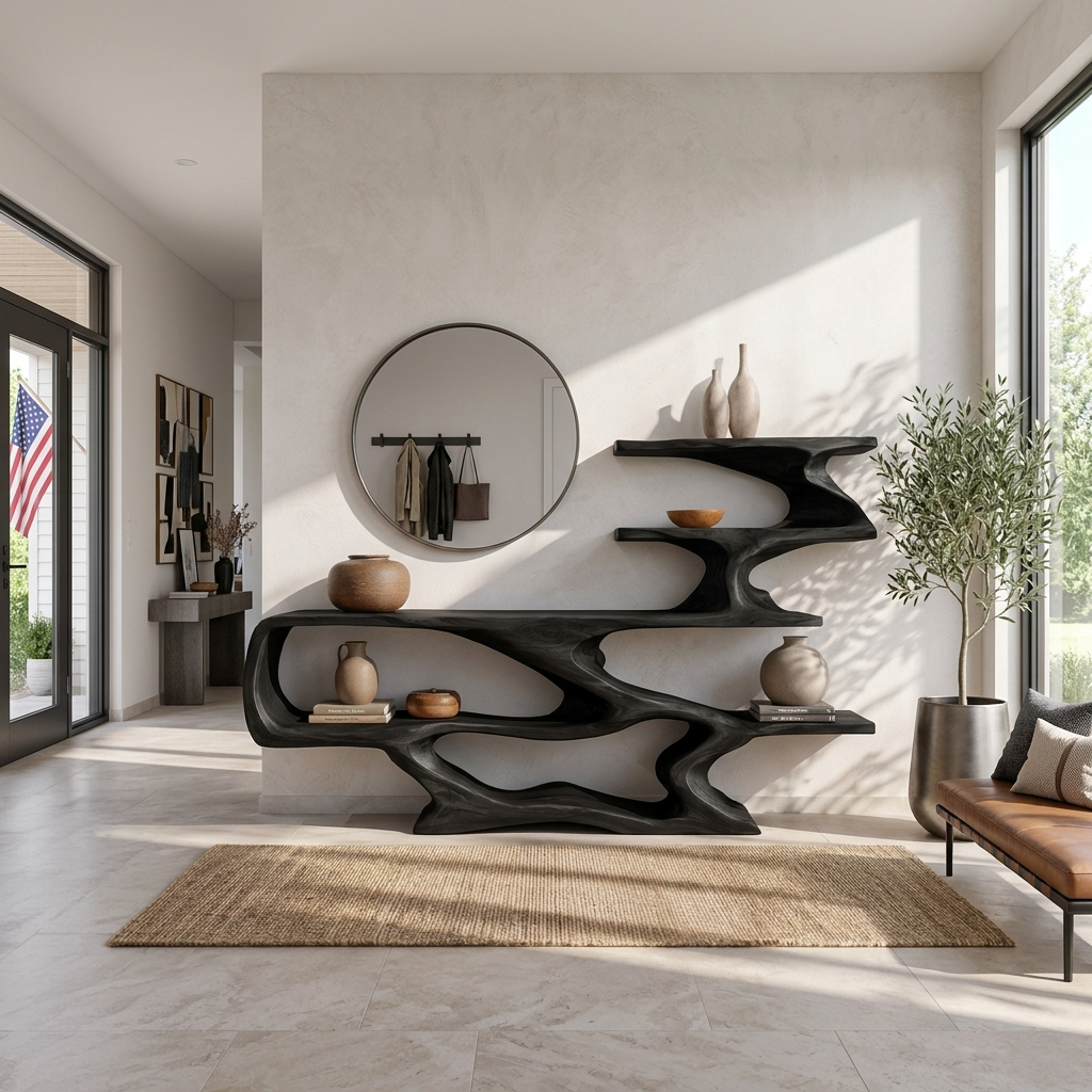 Modern Sculptural Wooden Console Table With Open Shelves For Interior