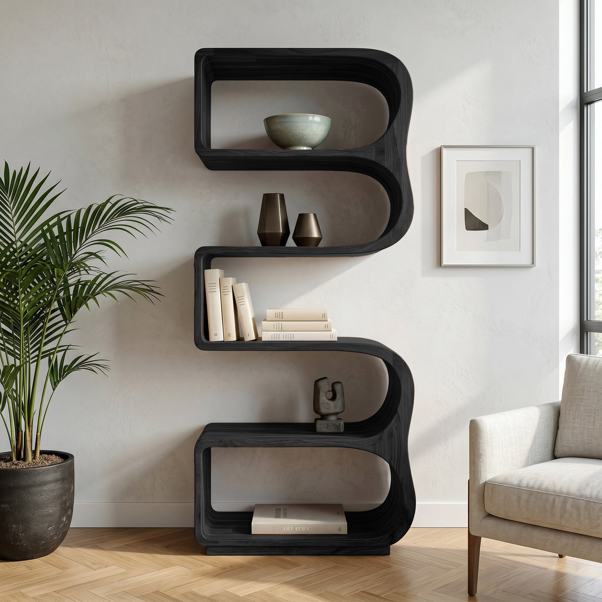 Minimalist Wooden Standing Shelf For Sunlit Living Room