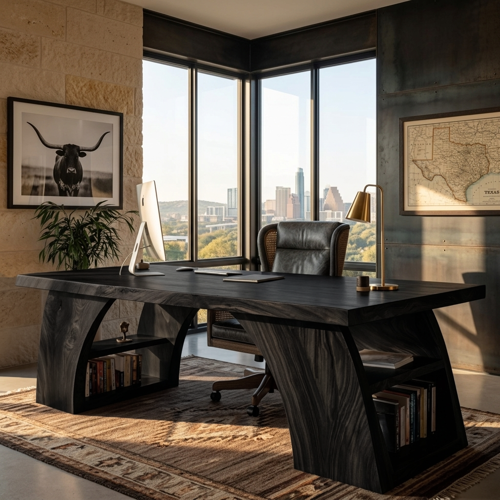 Contemporary Wooden Desk With Open Shelving For Home Office