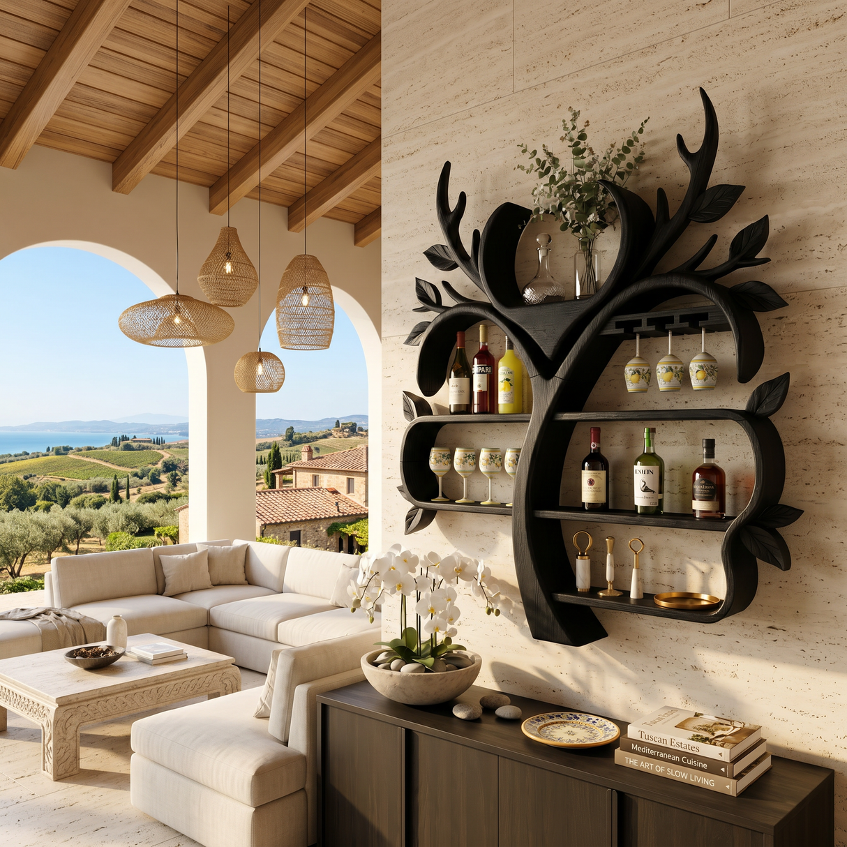 Resort Style Tree Inspired Wine Bar Shelf For Living Room
