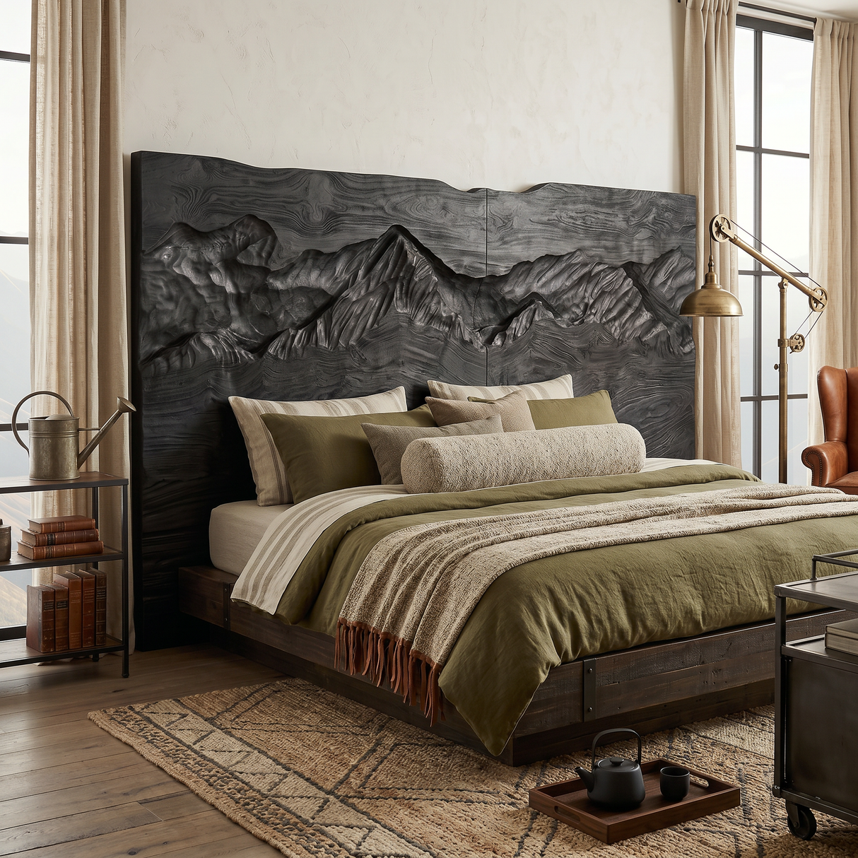 Rustic Mountain Relief Wood Headboard For Luxury Bedroom Interior