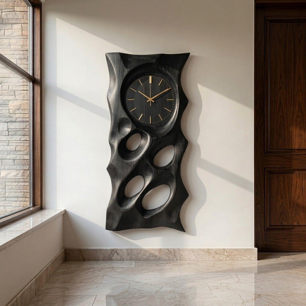 Organic Wooden Wall Clock With Hollow Form For Living Room