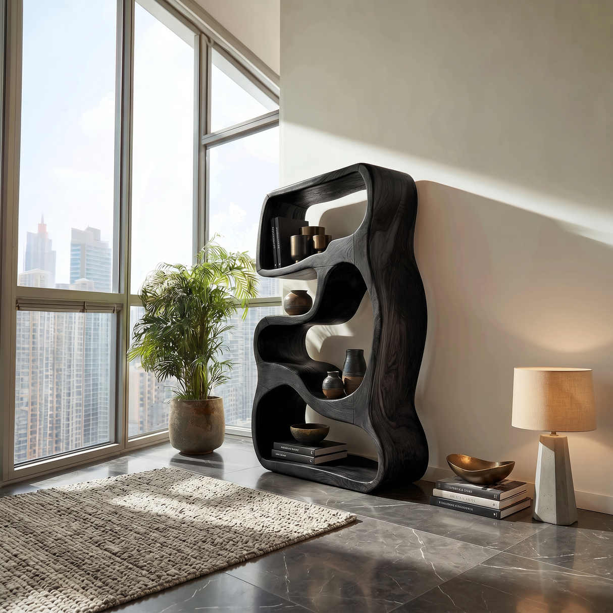 Minimalist Wooden Bookshelf Featuring Curved Side Panels