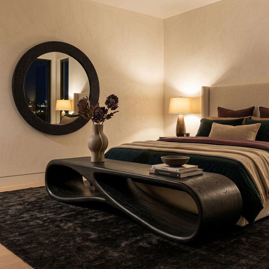 Modern Wood Bench With Sculptural Form For Entryway